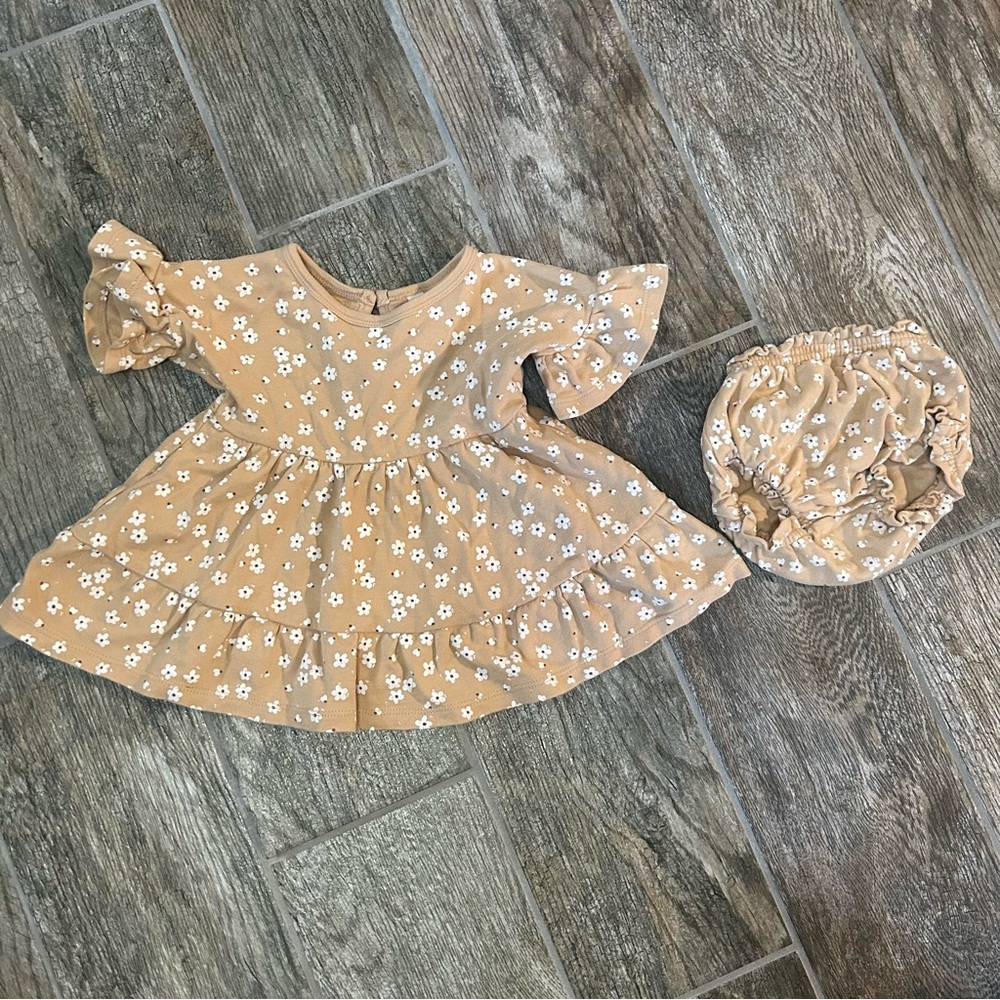 Q by Quincy Mae Ivory/Blush Floral Ruffle Dress and Bloomers size 6-12 months